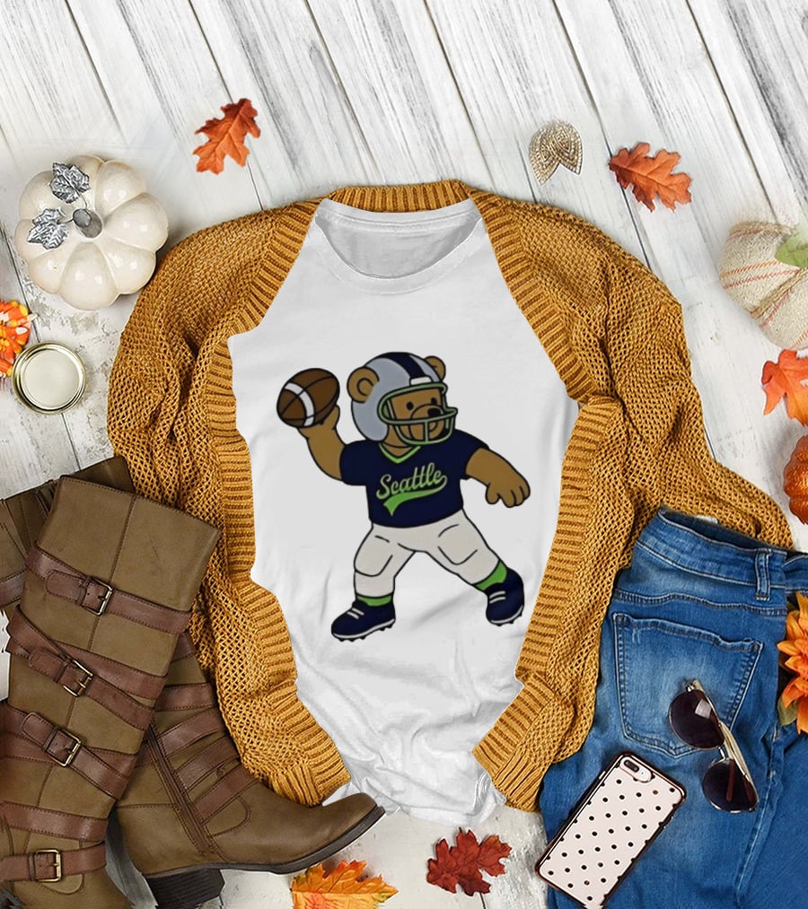 Teddy Bear Football Player Throwing Ball Seattle T-Shirt