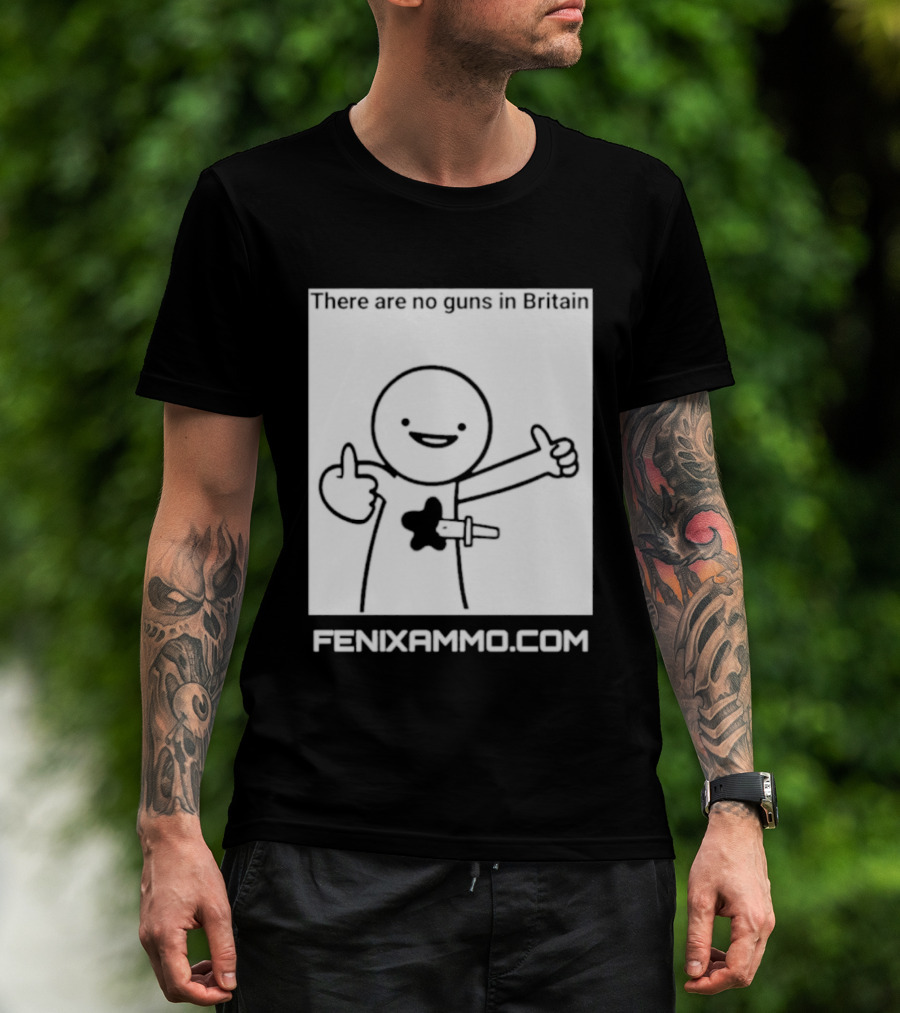 There Are No Guns In Britain Fenixammo Com Happy Character With Gun Hand Gesture T-Shirt