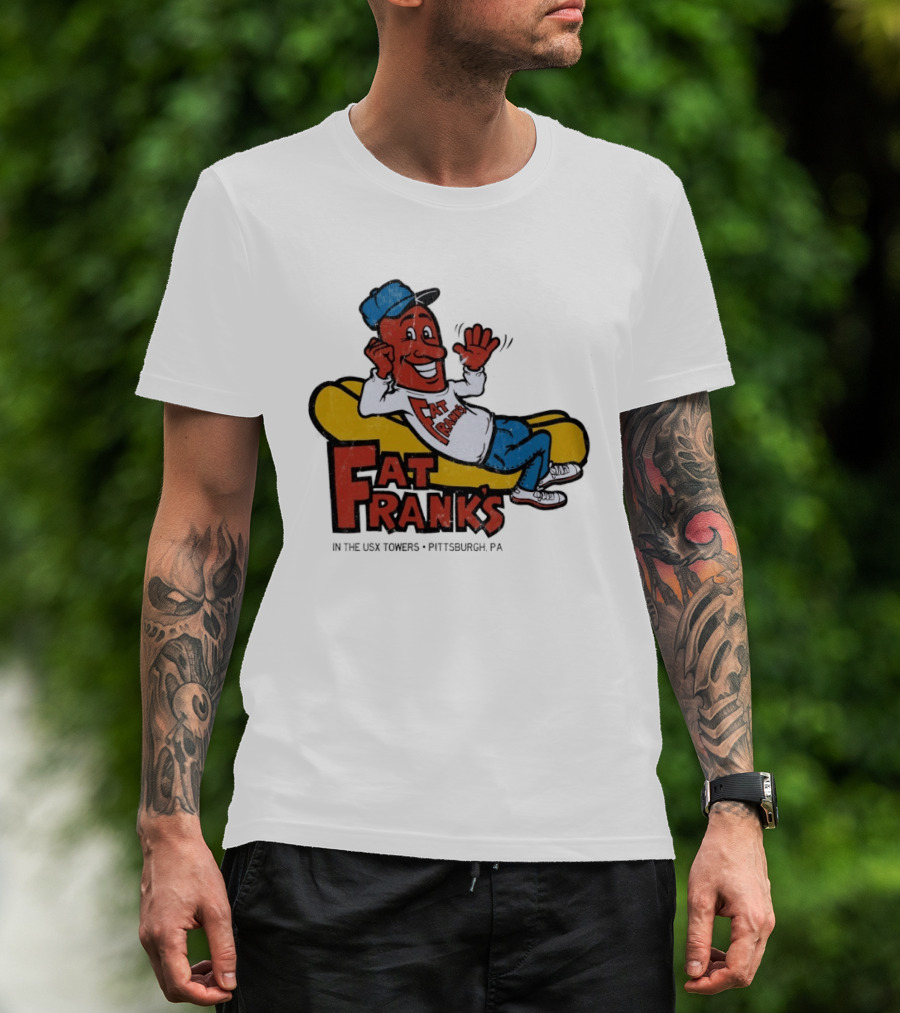 Fat Frank's In The USX Towers Pittsburgh PA Hot Dogs Retro Cartoon T-Shirt