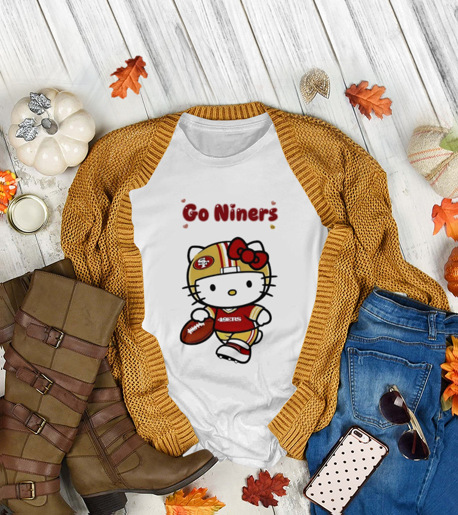 Go Niners SF Oval Gold Helmet Jersey Hello Kitty Football Bow T-Shirt