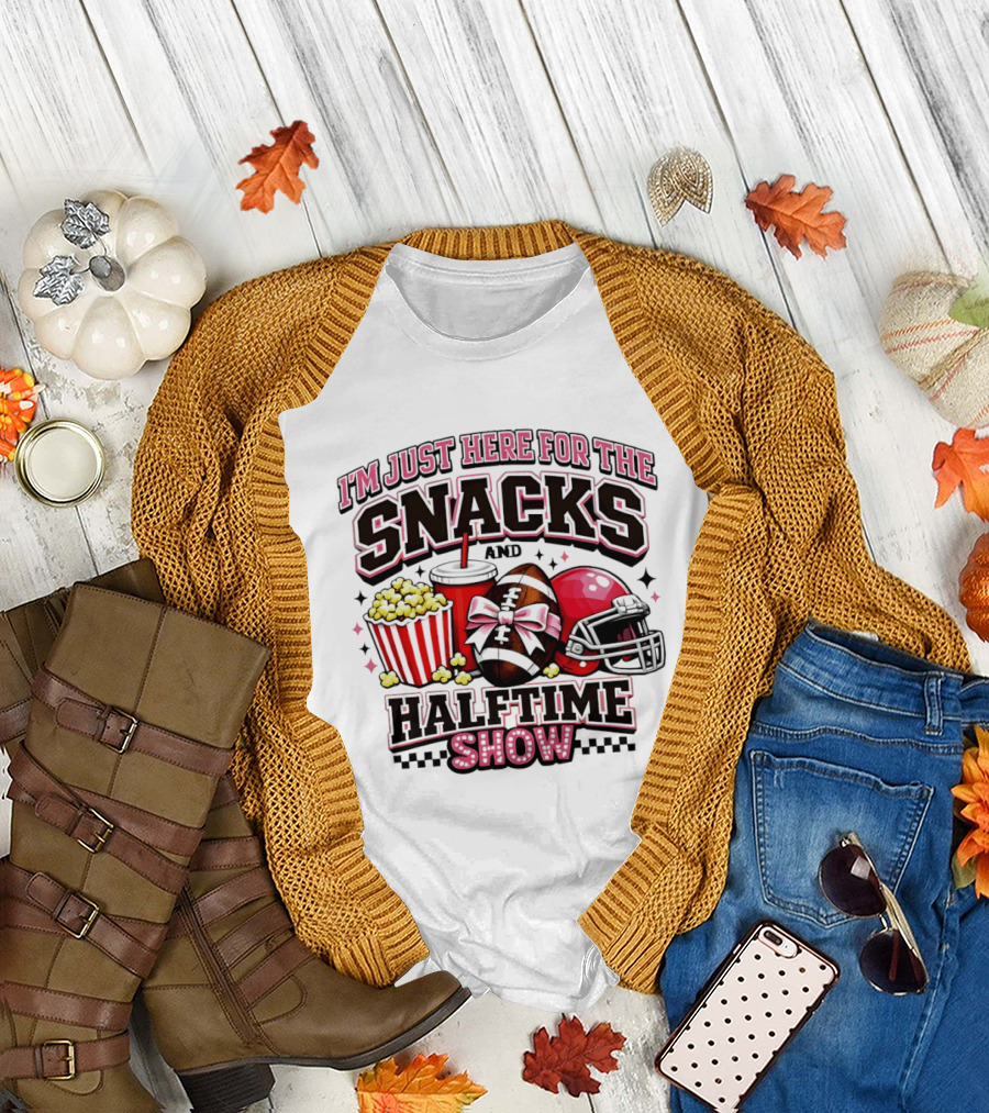 I'm Just Here for the Snacks and Halftime Show Football Popcorn Pink Coquette T-Shirt
