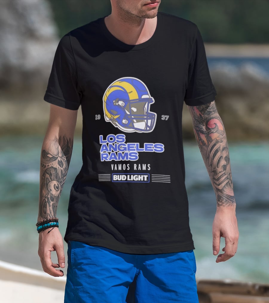 Los Angeles Rams Vamos Rams Bud Light 1937 Football Helmet T-Shirt