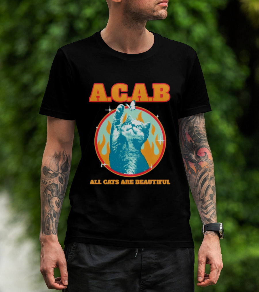 A.C.A.B Cat With Butterfly And Flames T-Shirt
