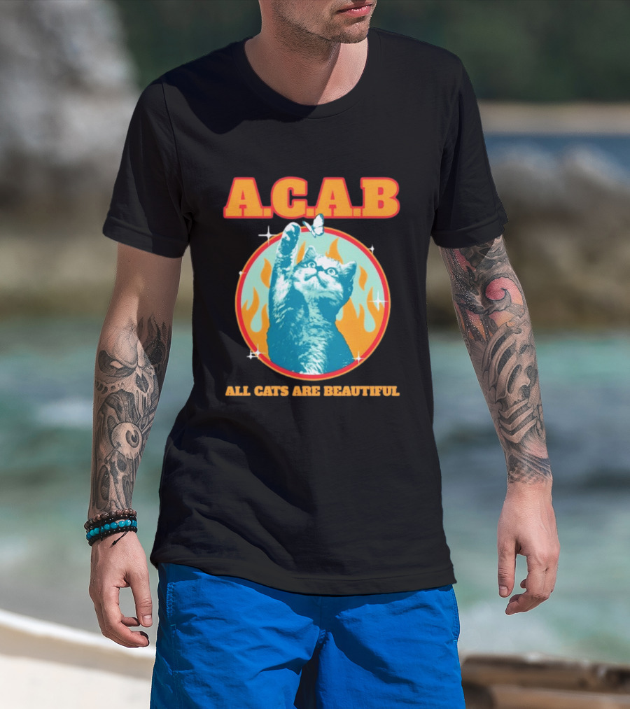 A.C.A.B Cat With Butterfly And Flames T-Shirt