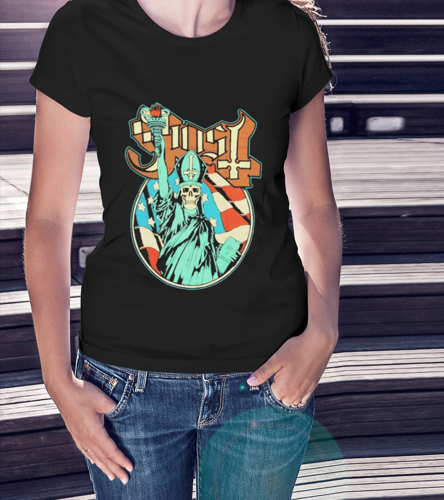 Ghost Statue Of Liberty Skeleton Torch Metal Band T-Shirt