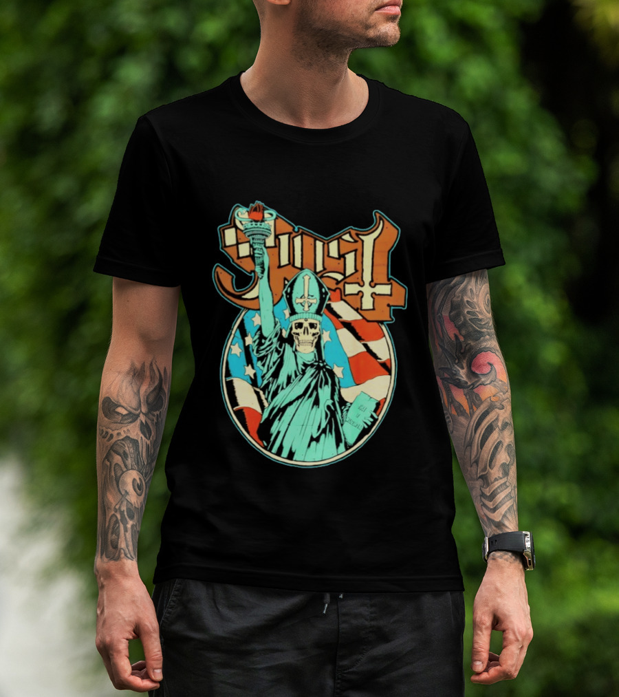 Ghost Statue Of Liberty Skeleton Torch Metal Band T-Shirt
