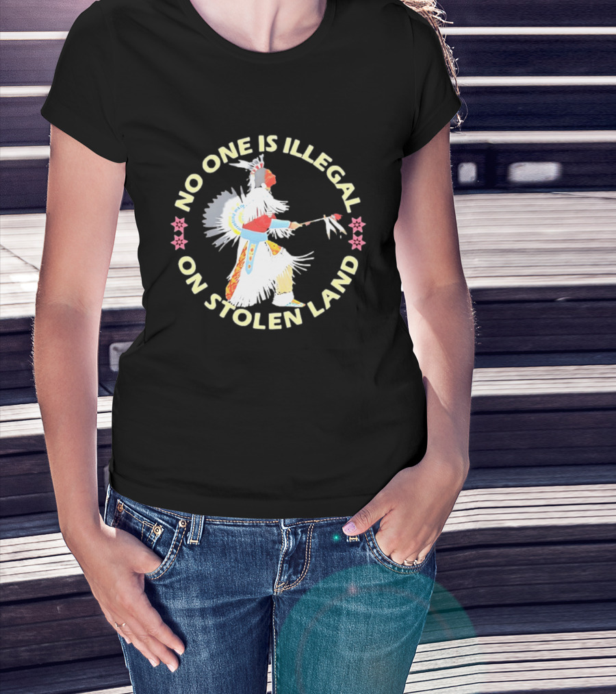 No One Is Illegal On Stolen Land Native American Dancer Floral Circle T-Shirt