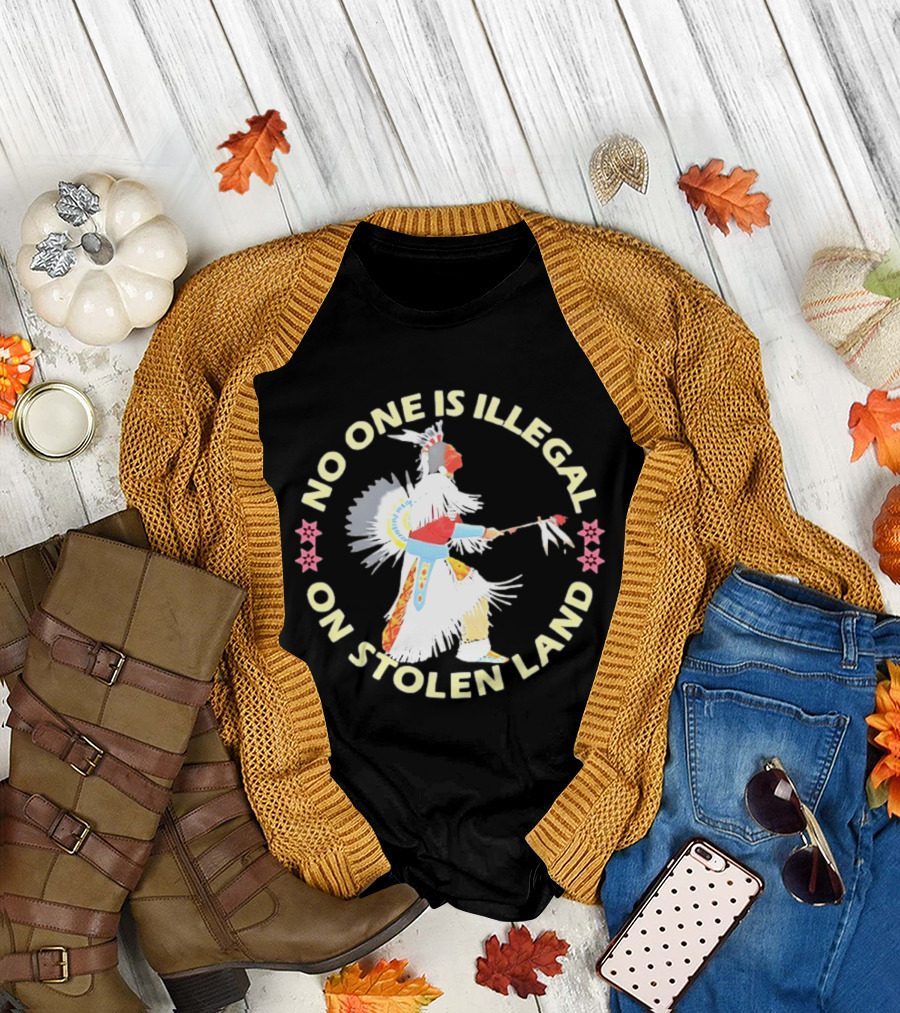 No One Is Illegal On Stolen Land Native American Dancer Floral Circle T-Shirt