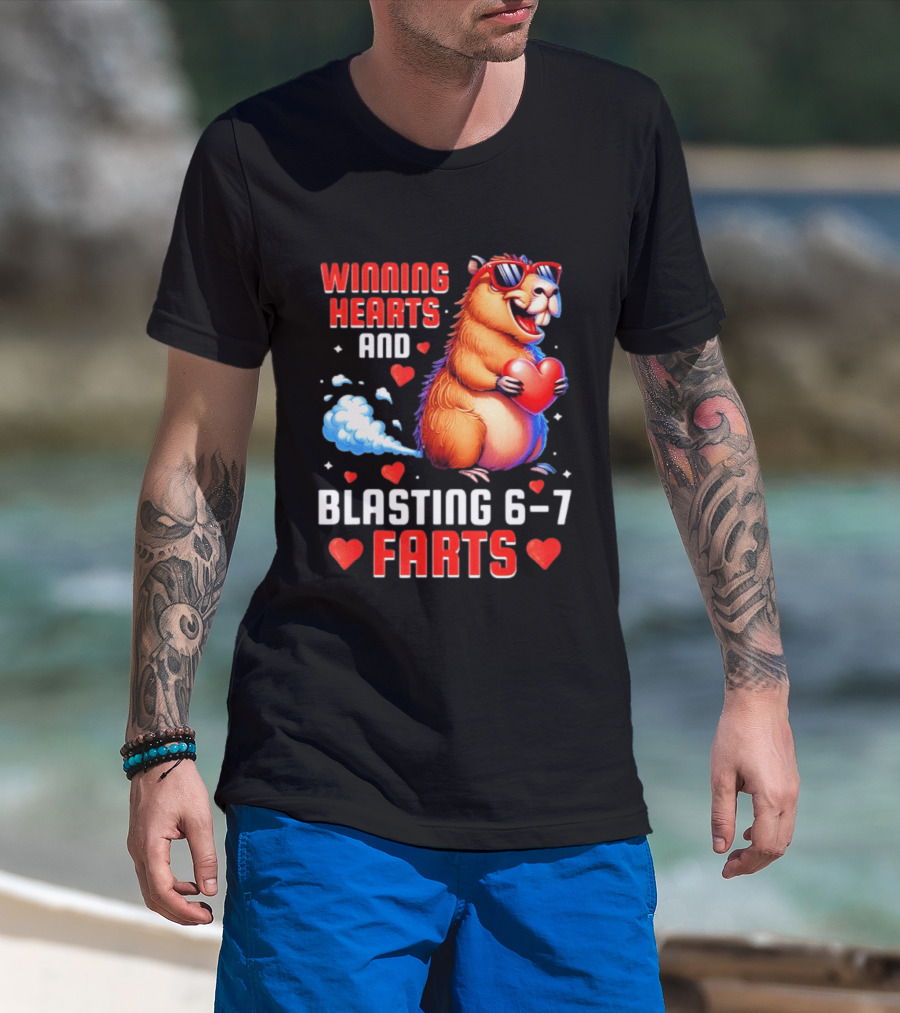 Winning Hearts And Blasting 6 7 Farts Capybara Valentine's Day T-Shirt