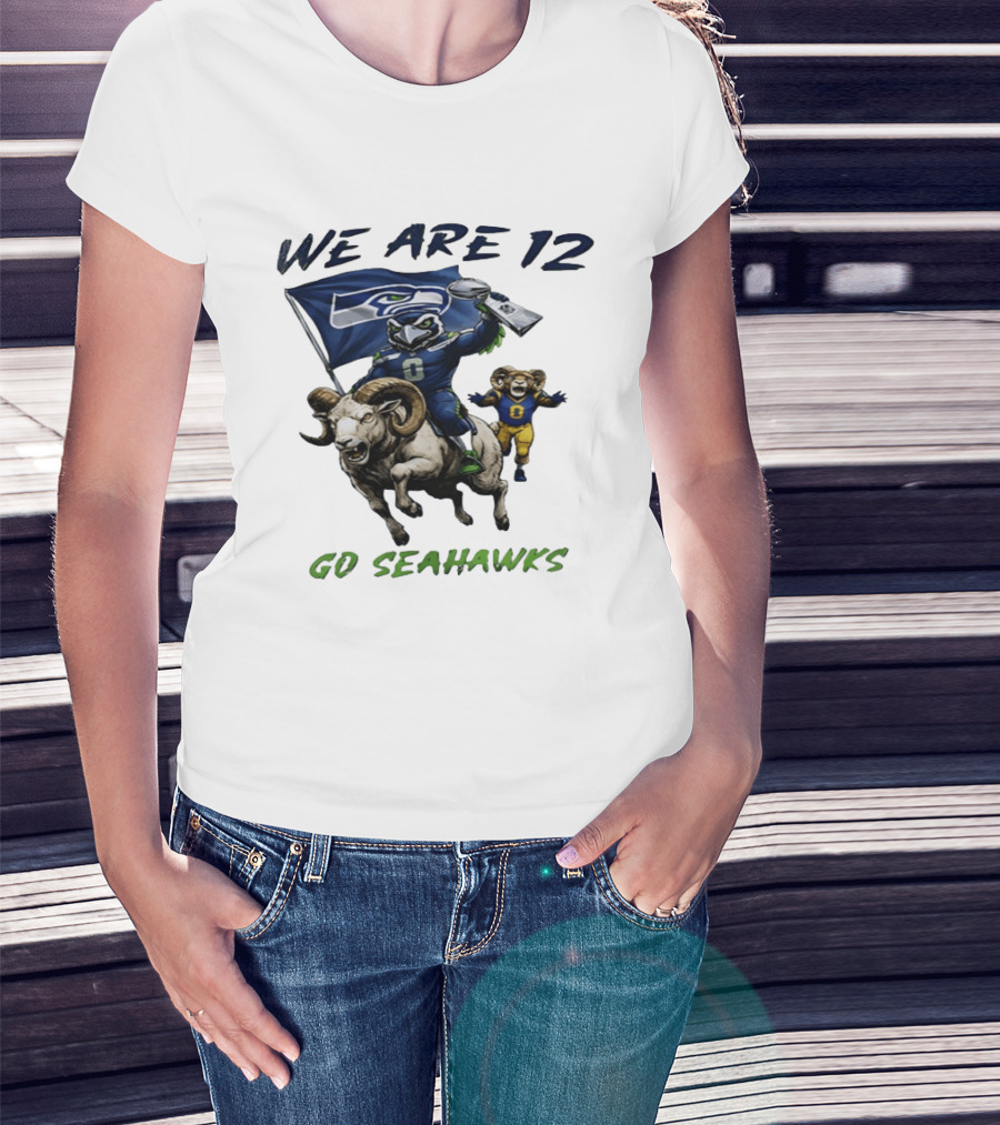 We Are 12 Go Seahawks Riding Goat With Seahawks Flag T-Shirt