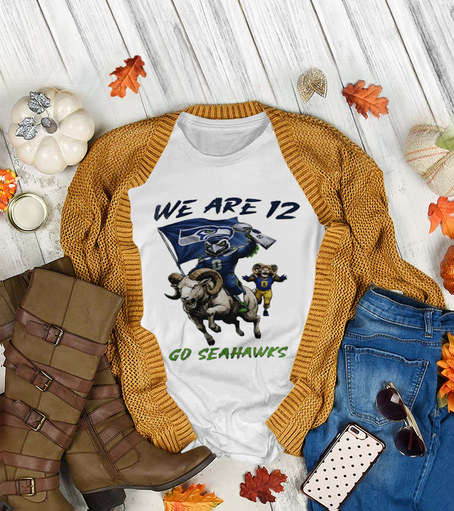 We Are 12 Go Seahawks Riding Goat with Seahawks Flag T-Shirt