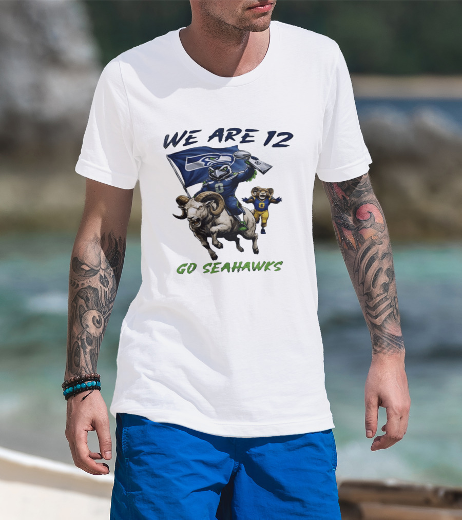 We Are 12 Go Seahawks Riding Goat With Seahawks Flag T-Shirt