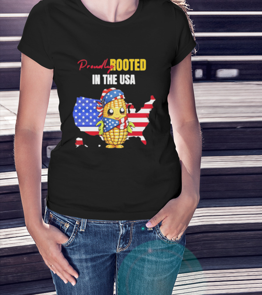 Proudly Rooted In The USA Corn American Flag Map T-Shirt