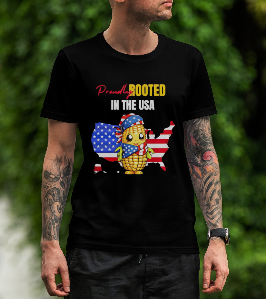 Proudly Rooted In The USA Corn American Flag Map T-Shirt