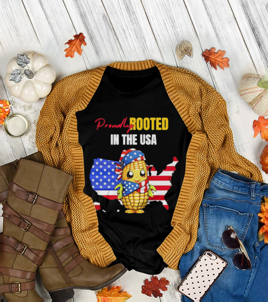 Proudly Rooted in the USA Corn American Flag Map T-Shirt