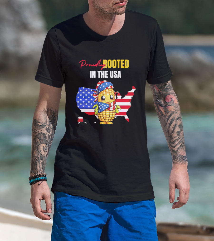 Proudly Rooted In The USA Corn American Flag Map T-Shirt