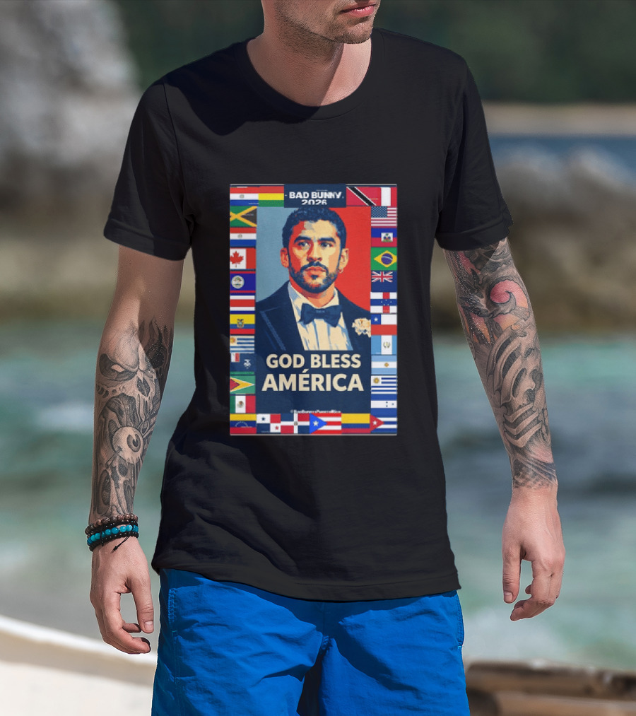 Bad Bunny 2026 Presidential Theme With Global Flags God Bless America T-Shirt