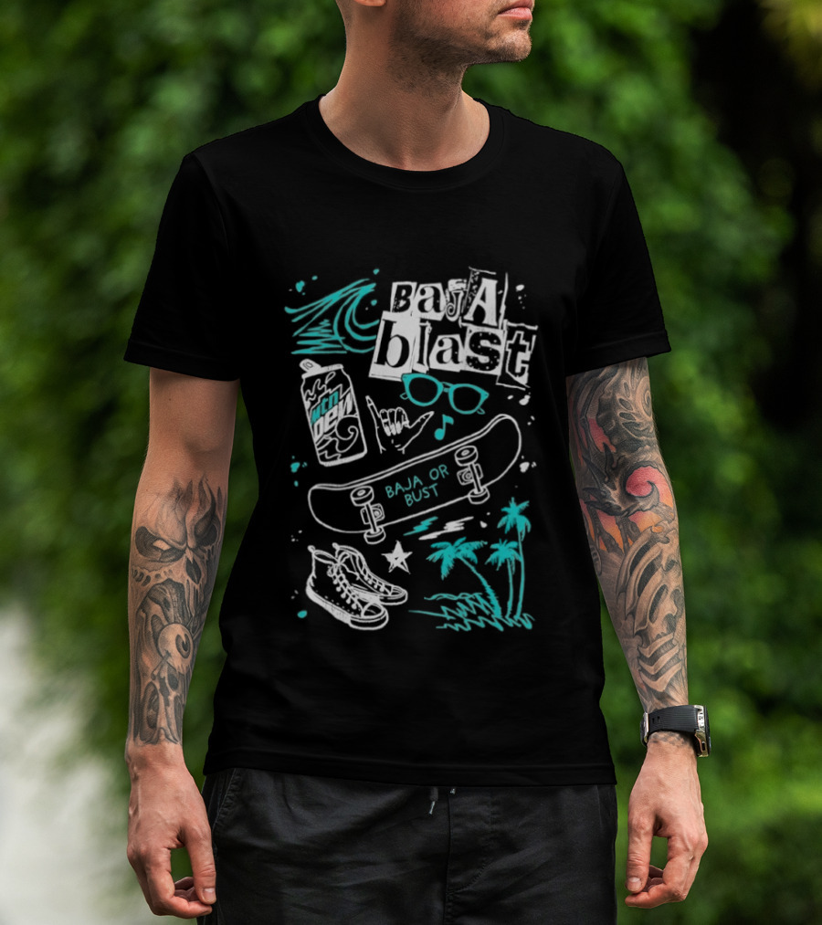 Mountain Dew Baja Blast Skateboard Surf Vibes Ocean Palms Adventure T-Shirt