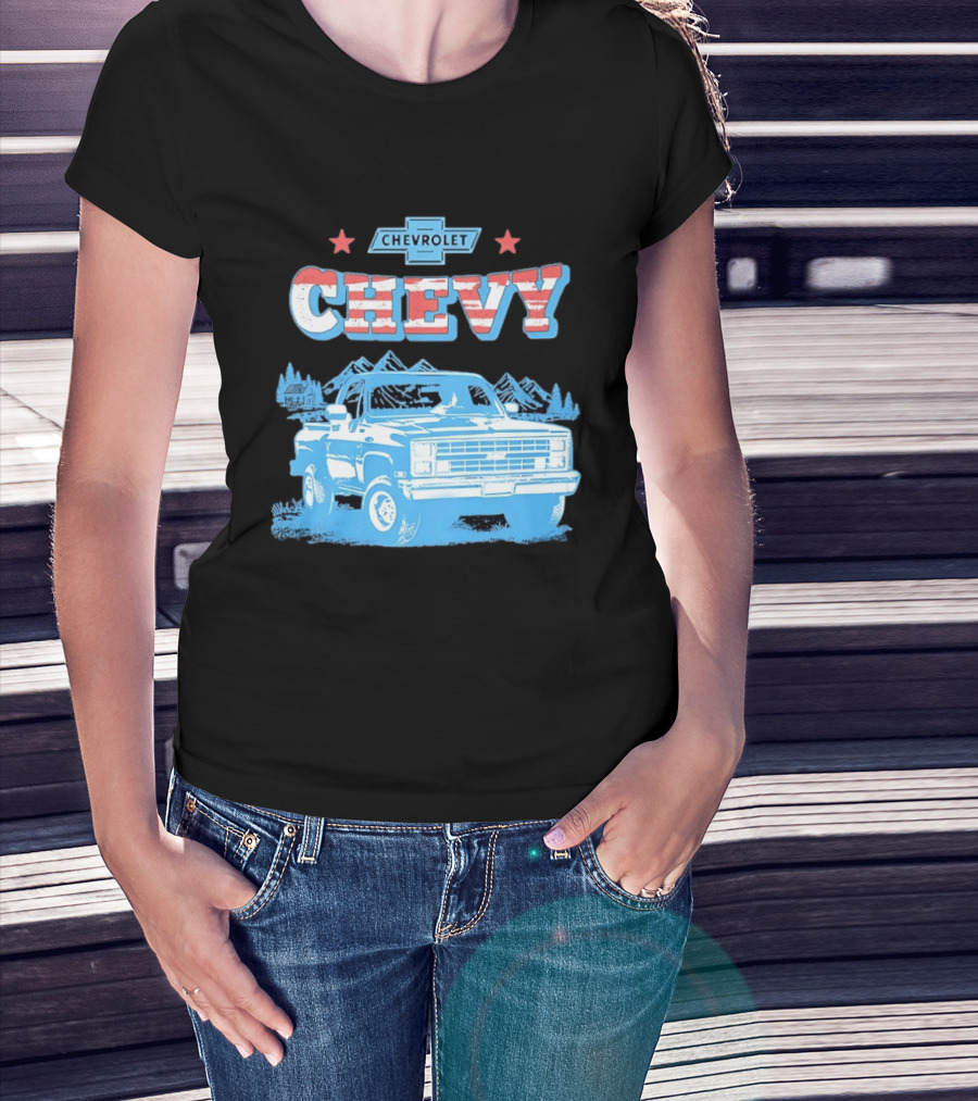 Chevy Chevrolet Truck Vintage Stars And Stripes Retro Mountain Scene T-Shirt