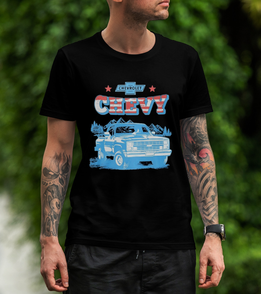 Chevy Chevrolet Truck Vintage Stars And Stripes Retro Mountain Scene T-Shirt