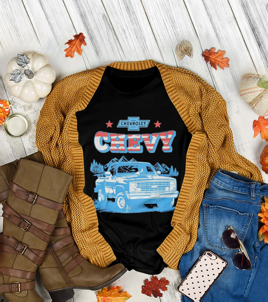 Chevy Chevrolet Truck Vintage Stars and Stripes Retro Mountain Scene T-Shirt