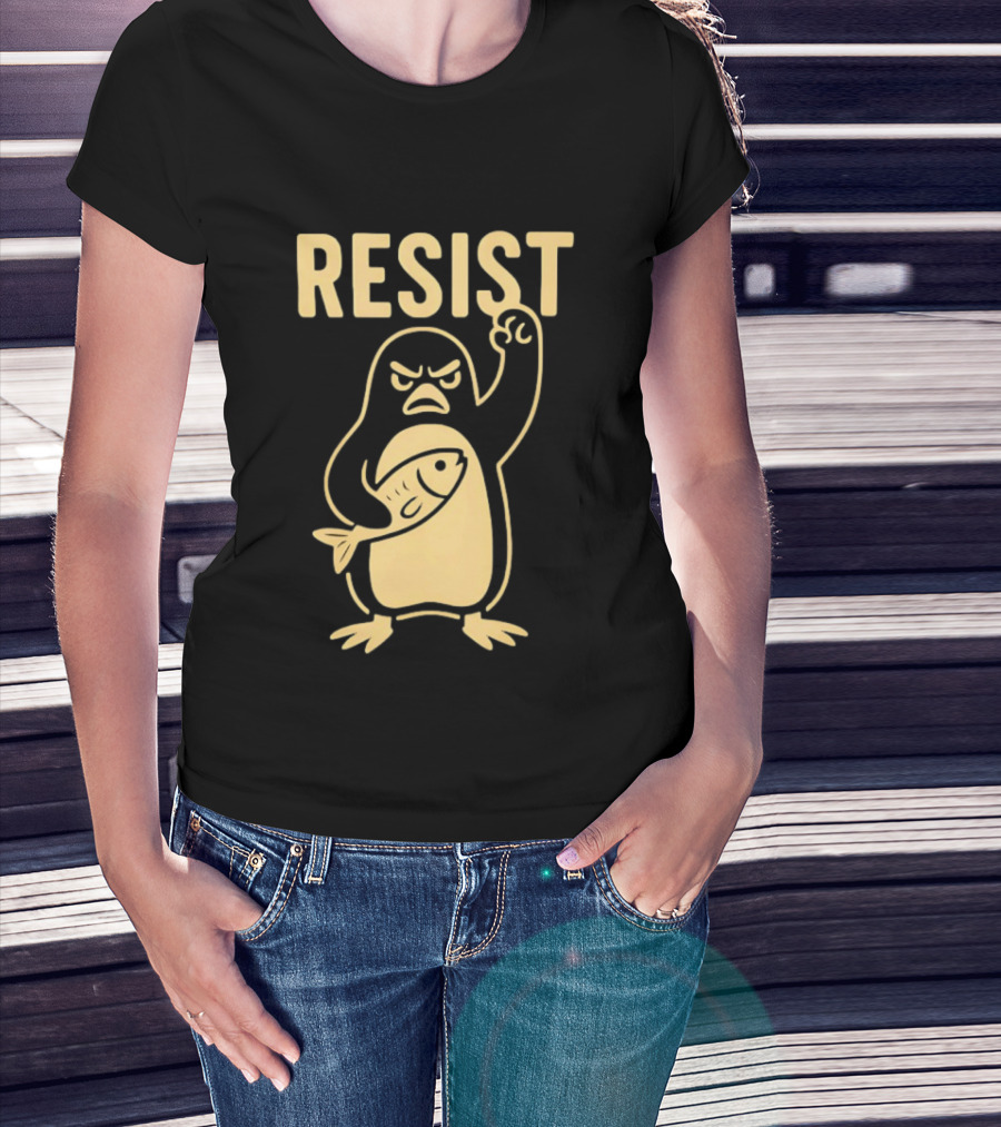 RESIST Angry Penguin Holding Fish T-Shirt