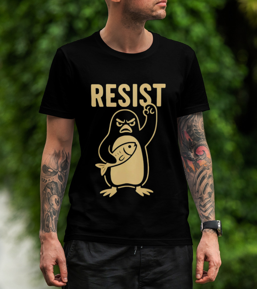 RESIST Angry Penguin Holding Fish T-Shirt