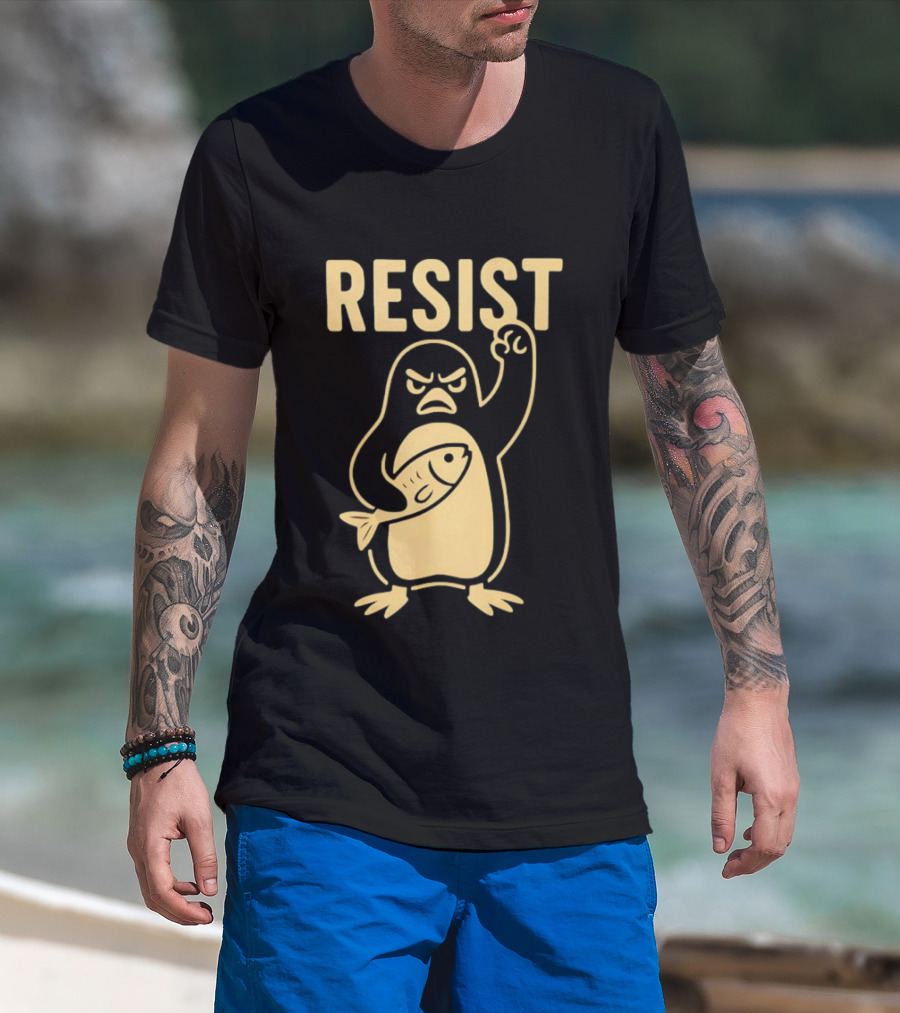 RESIST Angry Penguin Holding Fish T-Shirt