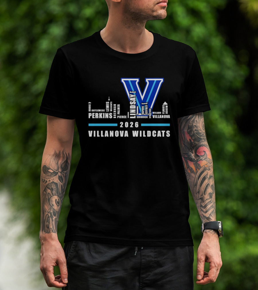 2026 Villanova Wildcats V With City Skyline And Player Names T-Shirt