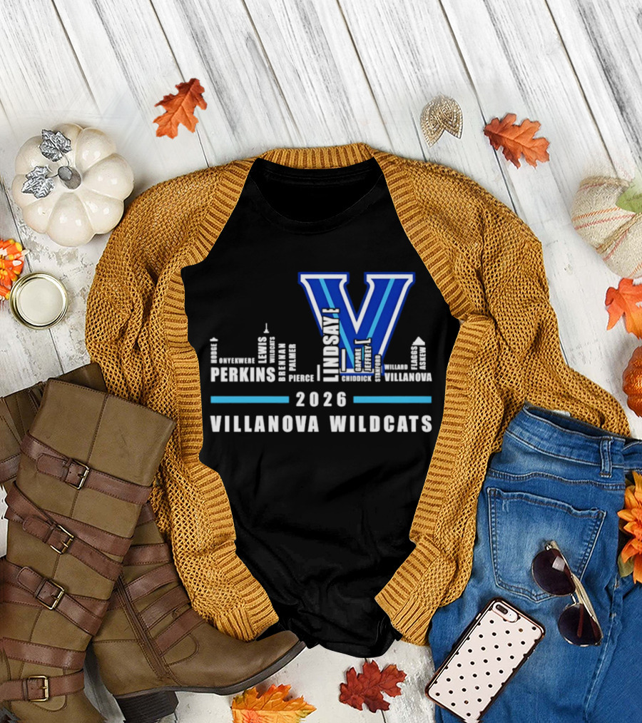 2026 Villanova Wildcats V with City Skyline and Player Names T-Shirt