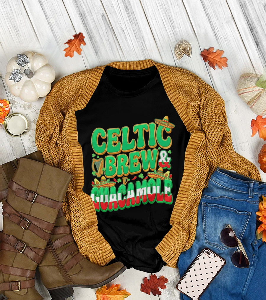 Celtic Brew and Guacamole Harps Shamrocks Sombreros Half Mexican Half Irish Foodie T-Shirt