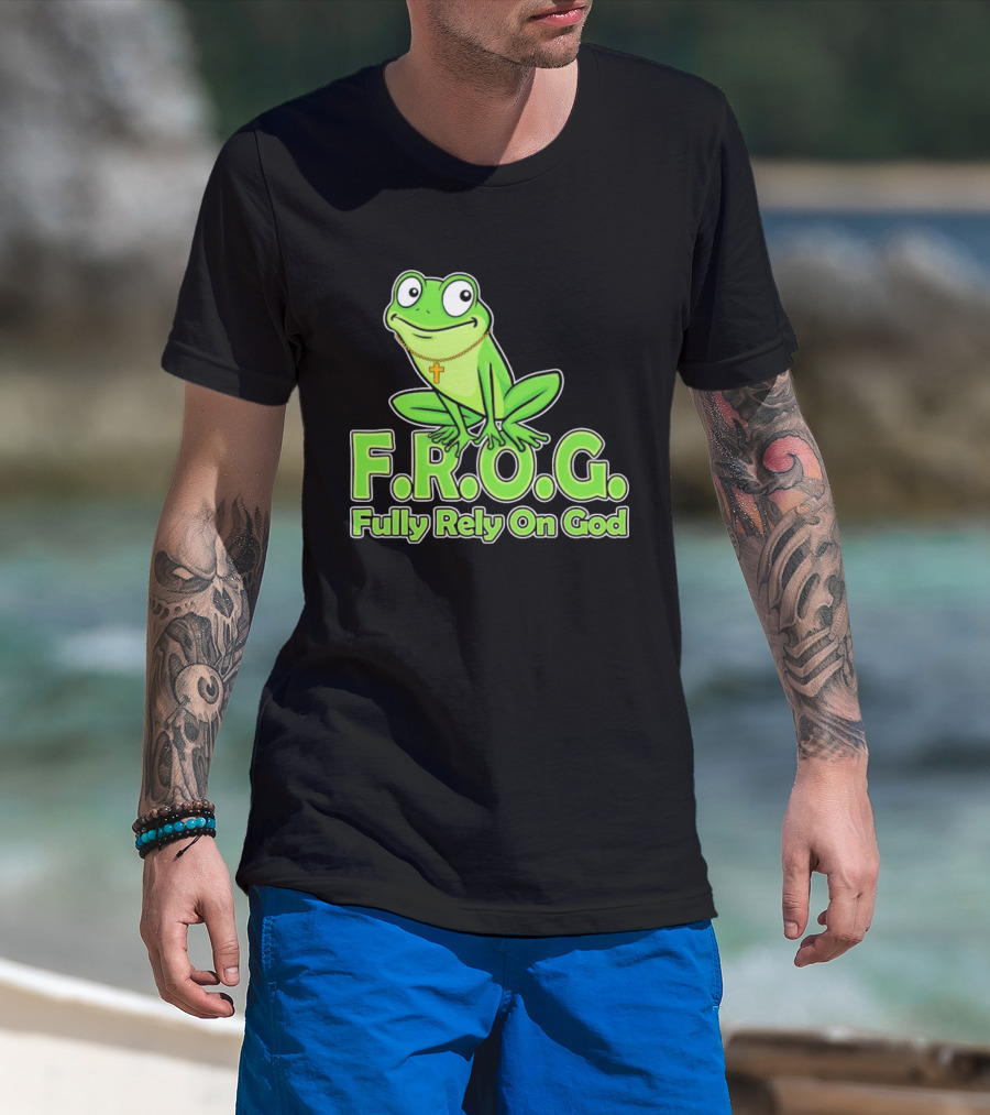 F.R.O.G. Fully Rely On God Frog With Cross Necklace T-Shirt