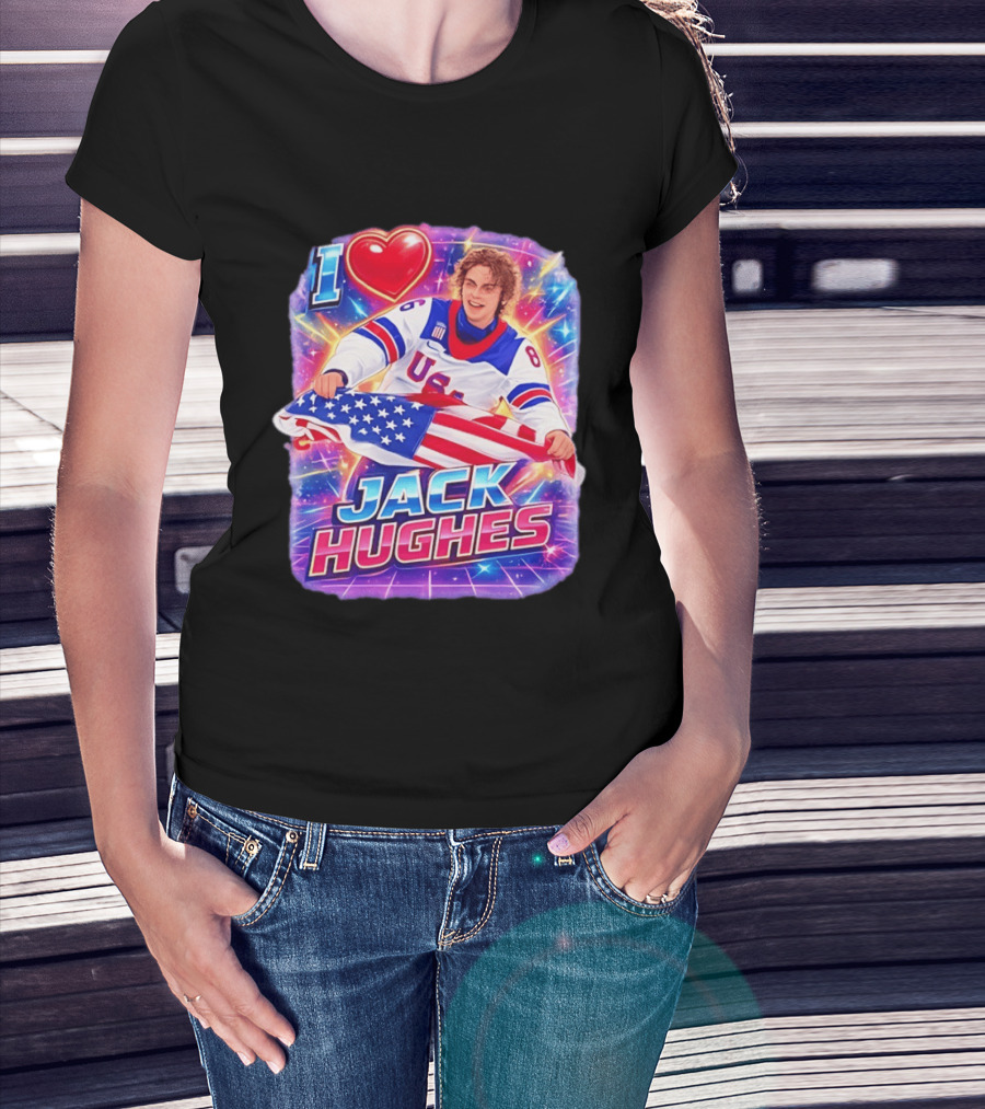 I Love Jack Hughes USA Hockey Flag Celebration T-Shirt
