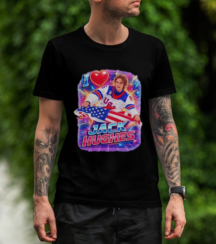 I Love Jack Hughes USA Hockey Flag Celebration T-Shirt