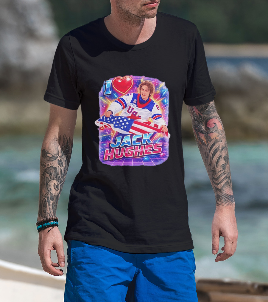 I Love Jack Hughes USA Hockey Flag Celebration T-Shirt