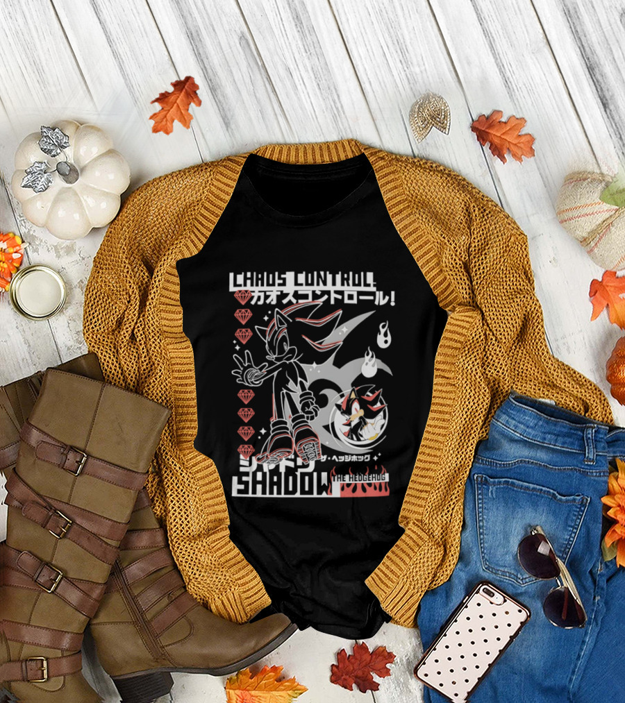 Chaos Control Shadow Soni the Hedgehog Japanese Text Emeralds T-Shirt