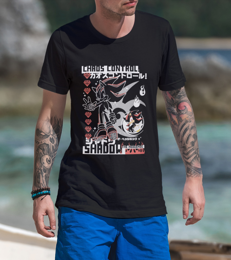 Chaos Control Shadow Soni The Hedgehog Japanese Text Emeralds T-Shirt