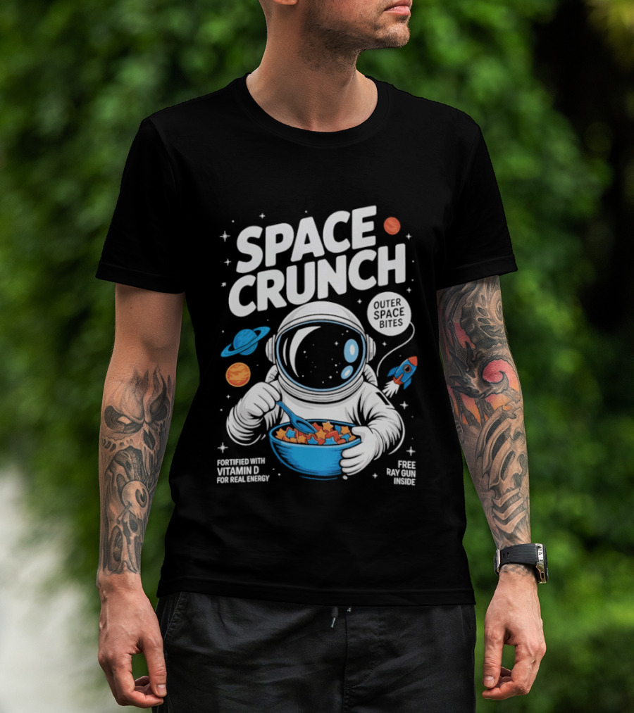 Space Crunch Outer Space Bites Astronaut Eating Cereal Planets Rockets T-Shirt