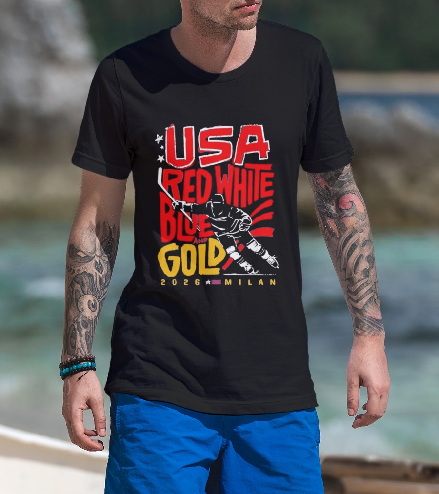 USA Hockey Red White Blue Gold 2026 Milan Sports Event T-Shirt
