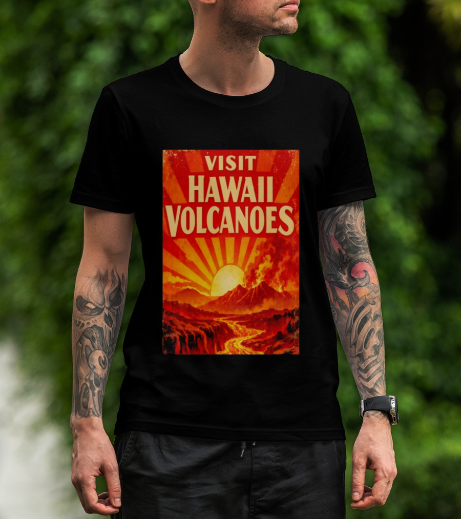 Visit Hawaii Volcanoes Vintage Travel With Erupting Mountain And Sunset Rays T-Shirt
