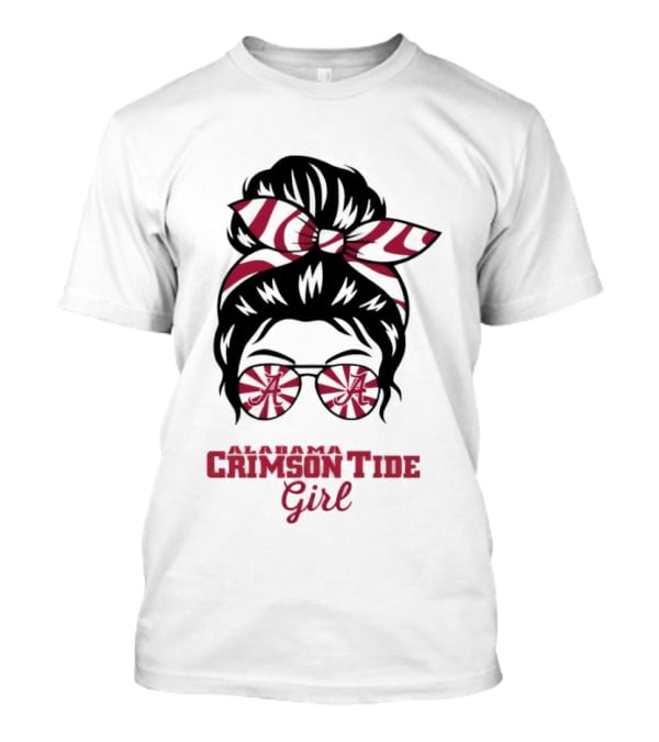 Alabama Crimson Tide Girl Messy Bun With Glasses And Bow T-Shirt
