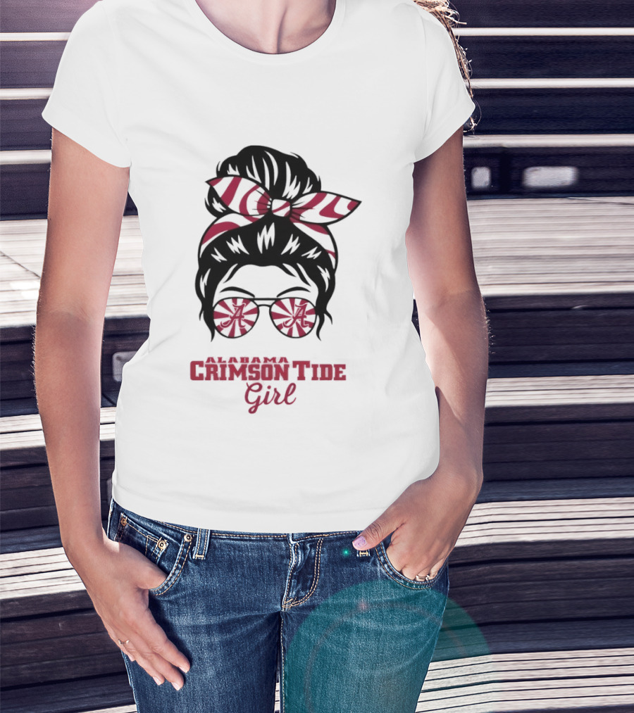 Alabama Crimson Tide Girl Messy Bun With Glasses And Bow T-Shirt