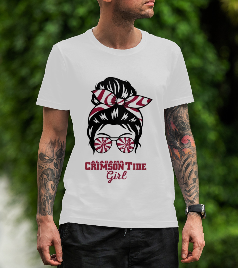 Alabama Crimson Tide Girl Messy Bun With Glasses And Bow T-Shirt