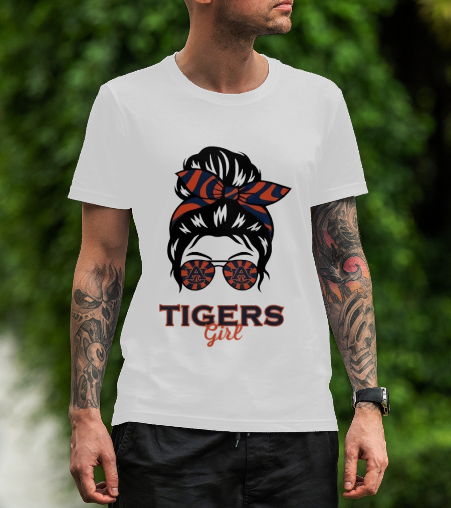 Auburn Tigers Girl Messy Bun Glasses Bow T-Shirt