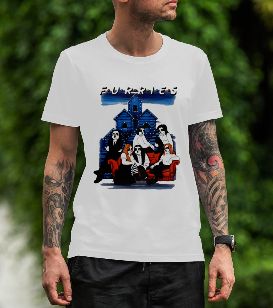 Furries Friends Group Sitting In Front Of Blue Houses T-Shirt