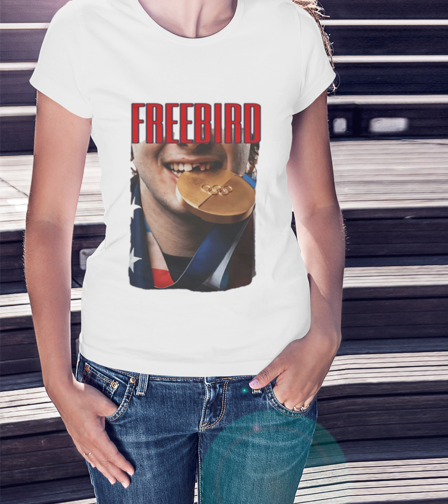 Jack Hughes Freebird Golden Smile Olympic Medal Bite T-Shirt