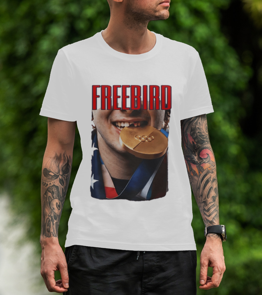 Jack Hughes Freebird Golden Smile Olympic Medal Bite T-Shirt