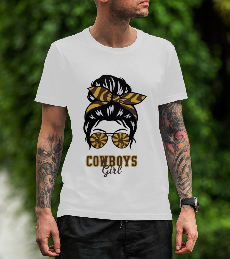 Wyoming Cowboys Girl Messy Bun Zebra Print Headband Glasses T-Shirt