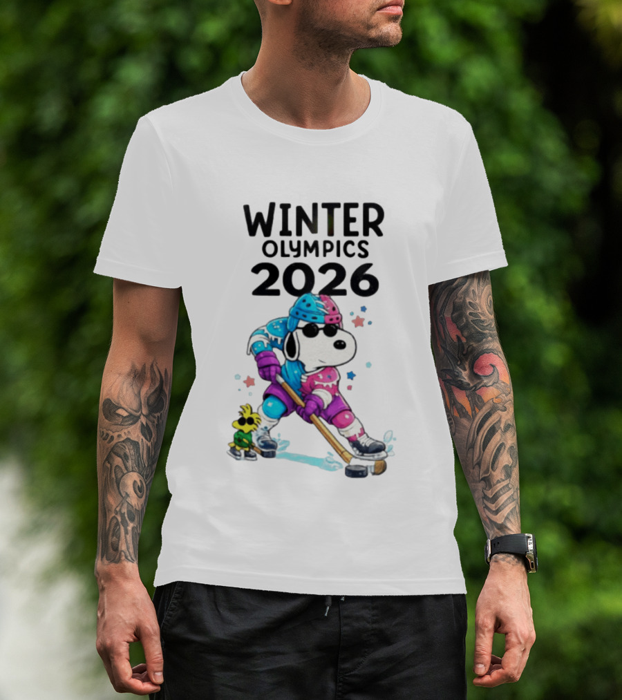 Snoopy Woodstock Winter Olympics 2026 Ice Hockey Milano Cortina T-Shirt