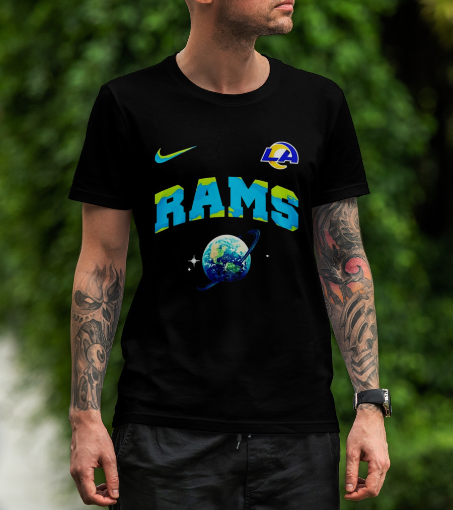 Los Angeles Rams Earth Day One Planet One Goal Nike Collaboration With LA Logo And Planet T-Shirt